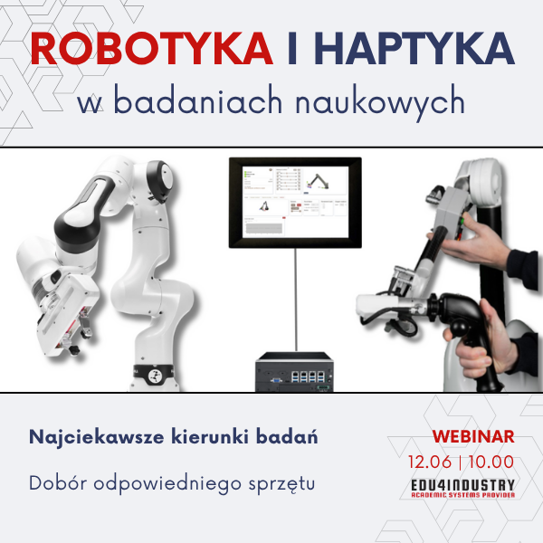 Grafika obrazująca kontroler haptyczny oraz ramię robota wraz z tematem webinarium: robotyka i haptyka w badaniach naukowych