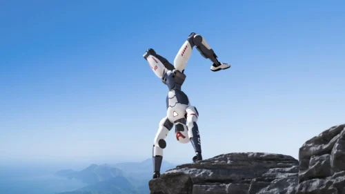 Robot humanoidalny stojący na rękach, na skale