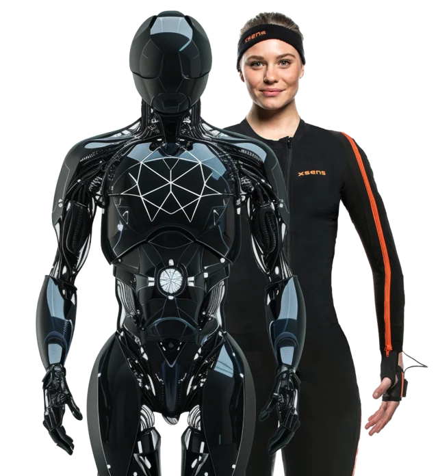 Osoba w stroju sensorycznym do przechwytywania ruchu i humanoid