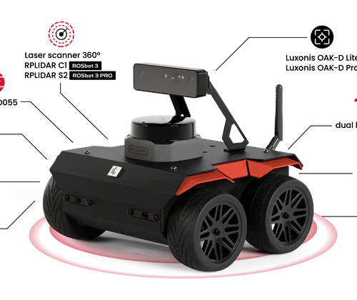 Parametry ROSbot3 i ROSbot3 PRO Grafika przedstawiająca ROSbot3 oraz rozpisane cechy i parametry