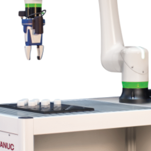 FANUC CRX z chwytakiem Robot współpracujący FANUC CRX z chwytakiem dwupalczastym wykonujący zadanie manipulacyjne na stanowisku dydaktycznym z elementami do chwytania