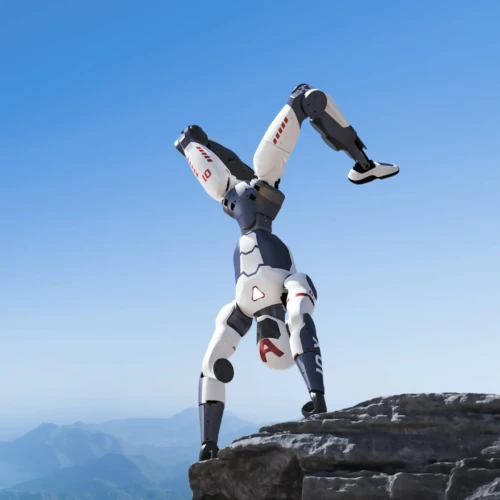 Robot humanoidalny stojący na rękach, na skale